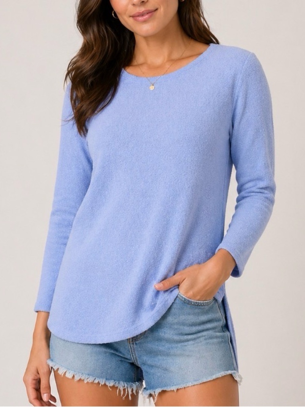 Copper Key baby blue lightweight sweater 3/4 sleeve crew neck basic SZ M